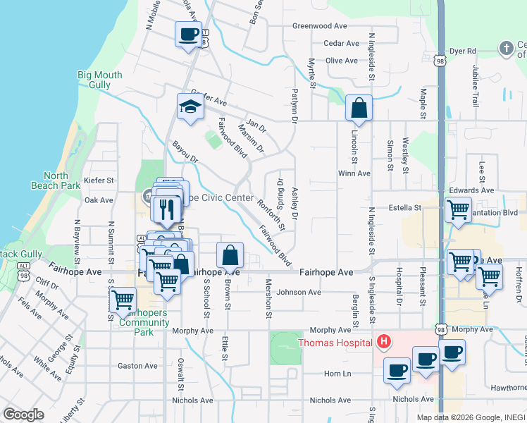 map of restaurants, bars, coffee shops, grocery stores, and more near 109 Ronforth Street in Fairhope
