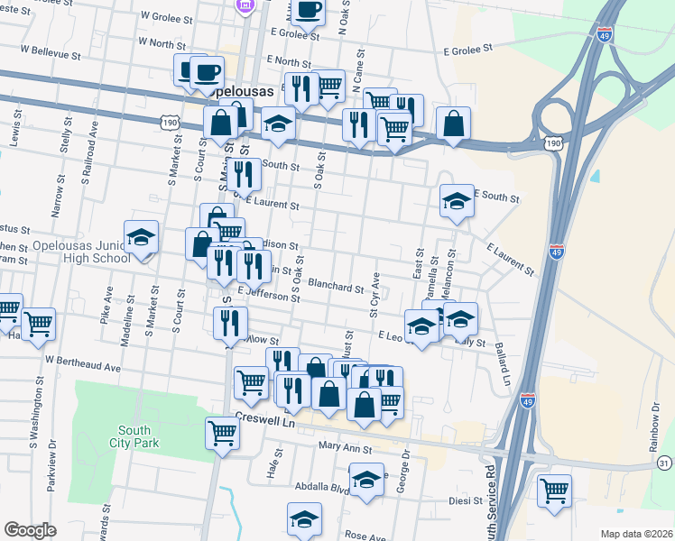map of restaurants, bars, coffee shops, grocery stores, and more near 725 South Cane Street in Opelousas