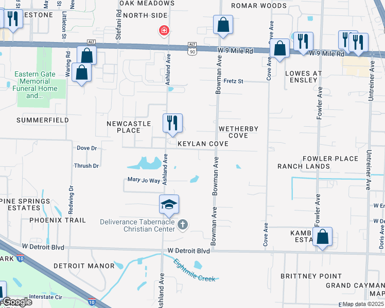 map of restaurants, bars, coffee shops, grocery stores, and more near 1535 Bush Street in Pensacola
