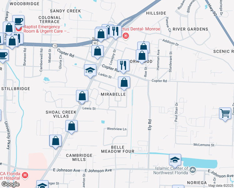 map of restaurants, bars, coffee shops, grocery stores, and more near 352 Mirabelle Drive in Pensacola