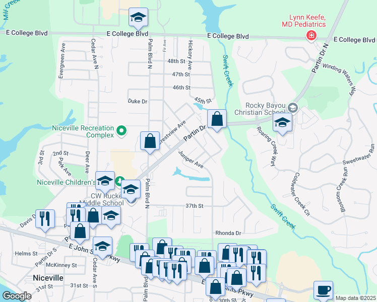 map of restaurants, bars, coffee shops, grocery stores, and more near 1110 Rita Lane in Niceville