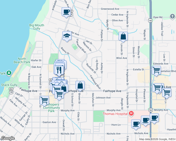 map of restaurants, bars, coffee shops, grocery stores, and more near 109-111 Ronforth Street in Fairhope