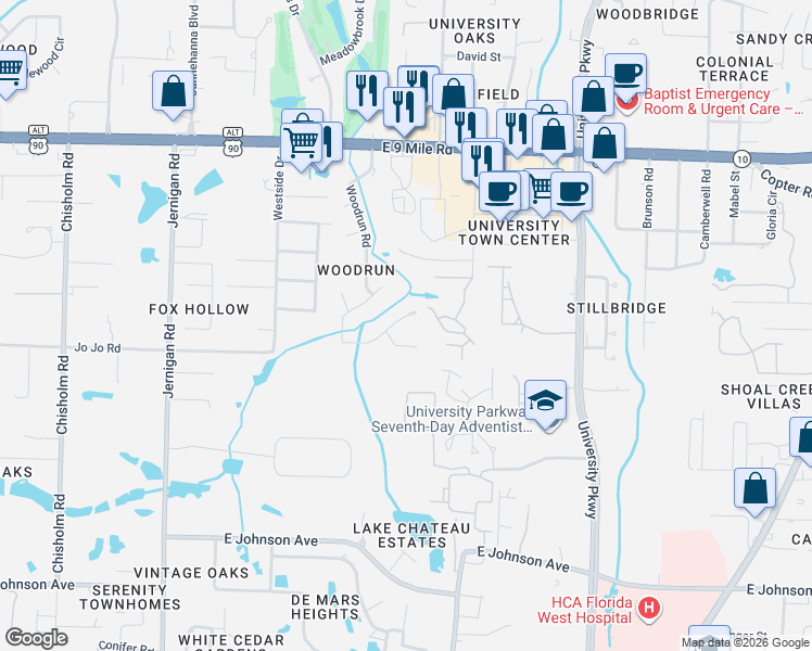 map of restaurants, bars, coffee shops, grocery stores, and more near 9001 Woodrun Road in Pensacola