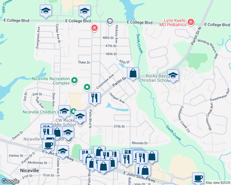 map of restaurants, bars, coffee shops, grocery stores, and more near 1110 Rita Lane in Niceville