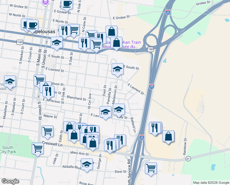 map of restaurants, bars, coffee shops, grocery stores, and more near 700 Melancon Street in Opelousas