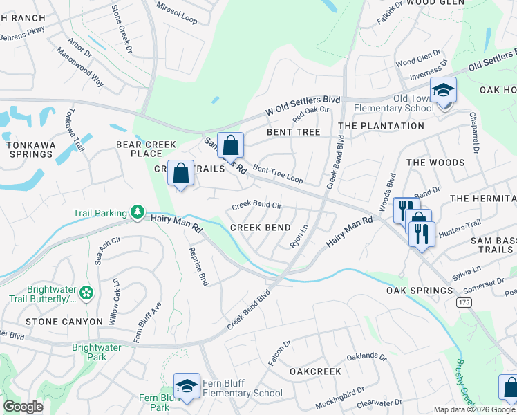 map of restaurants, bars, coffee shops, grocery stores, and more near 1715 Wild Horse Lane in Round Rock