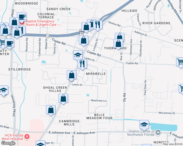 map of restaurants, bars, coffee shops, grocery stores, and more near 125 Mirabelle Circle in Pensacola