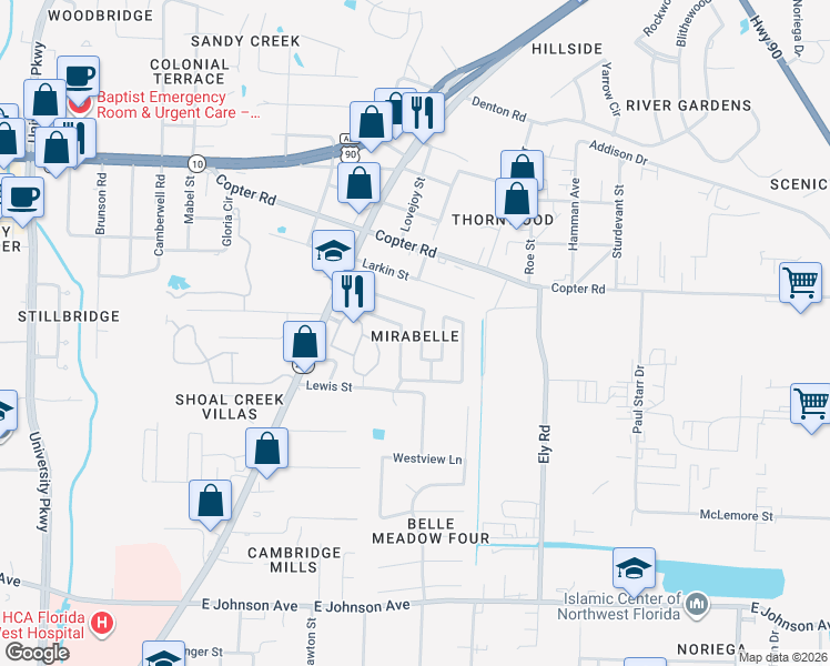 map of restaurants, bars, coffee shops, grocery stores, and more near 349 Mirabelle Drive in Pensacola
