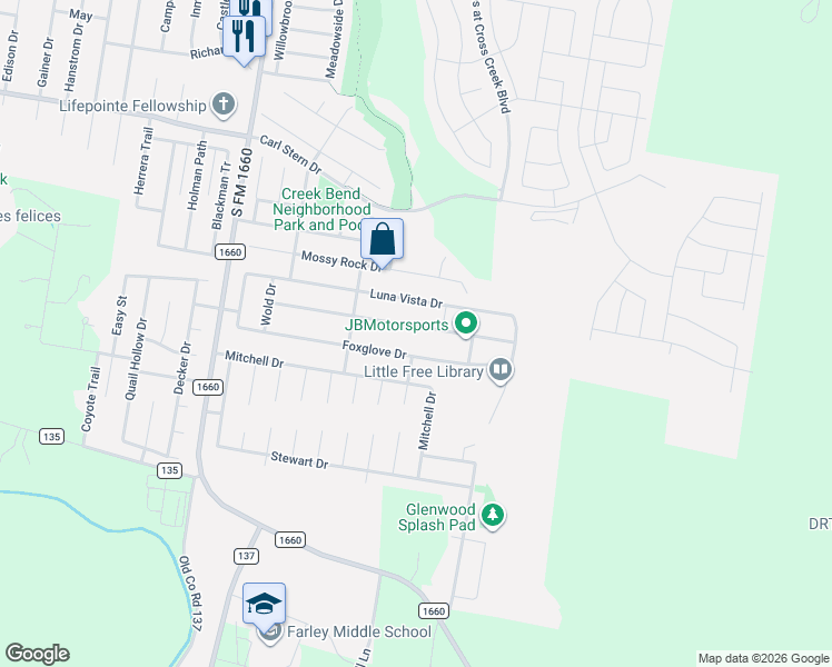 map of restaurants, bars, coffee shops, grocery stores, and more near 224 Camellia Drive in Hutto