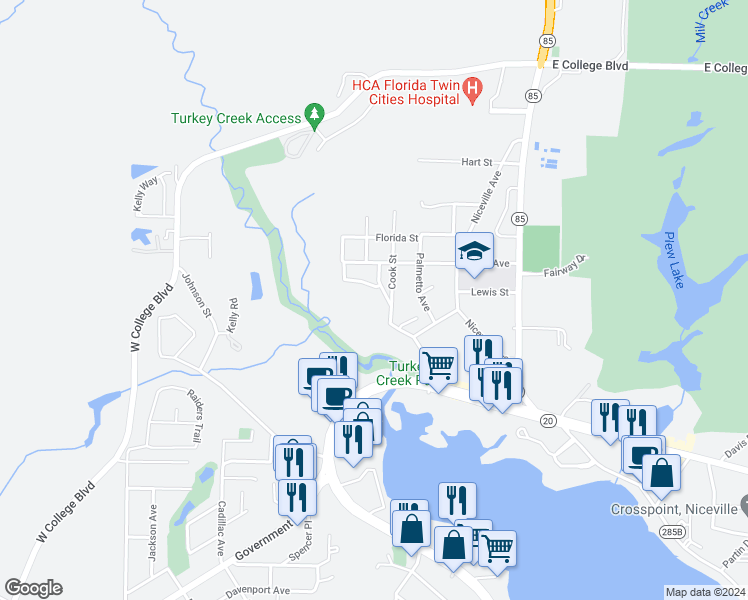 map of restaurants, bars, coffee shops, grocery stores, and more near 117 Big Oaks Lane in Niceville
