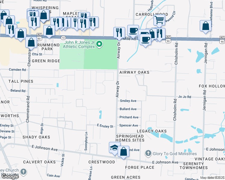 map of restaurants, bars, coffee shops, grocery stores, and more near 9095 Airway Drive in Pensacola