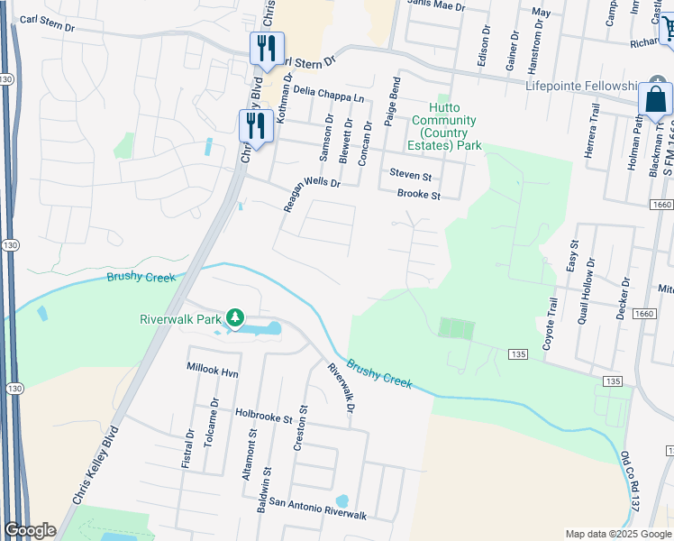 map of restaurants, bars, coffee shops, grocery stores, and more near 2007 Wells Bend in Hutto