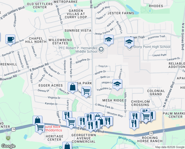map of restaurants, bars, coffee shops, grocery stores, and more near 1771 Sunrise Road in Round Rock
