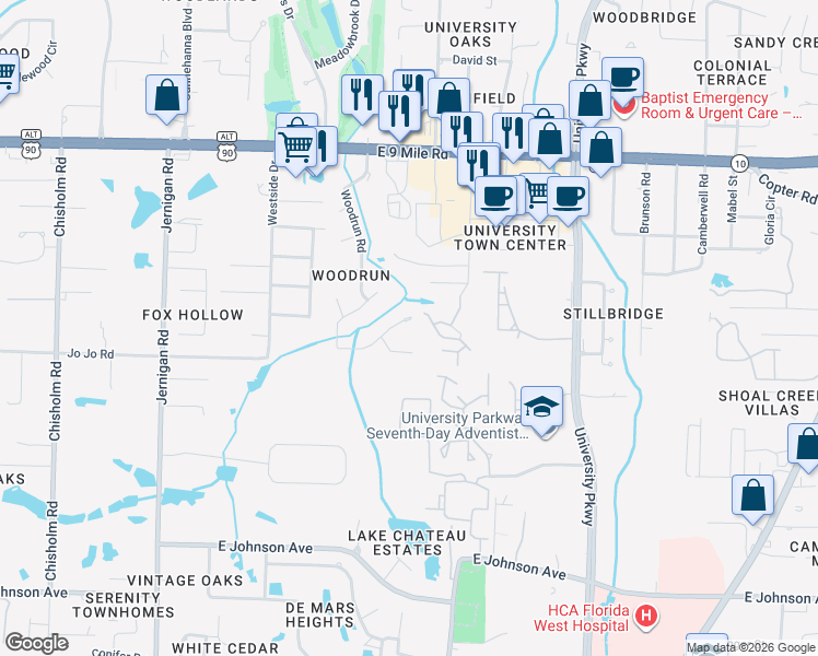 map of restaurants, bars, coffee shops, grocery stores, and more near 9001 Woodrun Road in Pensacola