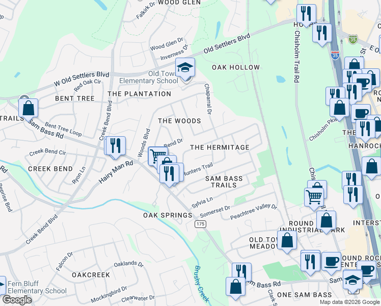 map of restaurants, bars, coffee shops, grocery stores, and more near 1807 Hermitage Drive in Round Rock