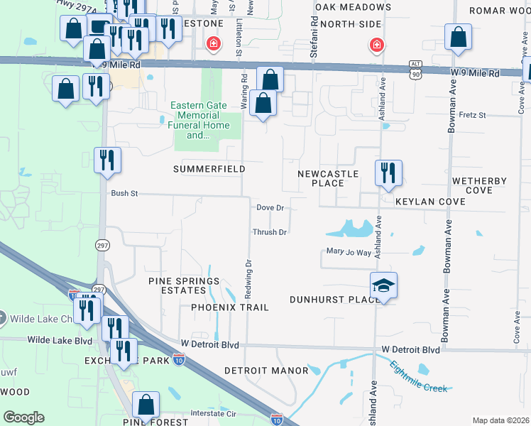 map of restaurants, bars, coffee shops, grocery stores, and more near 8750 Wren Drive in Pensacola