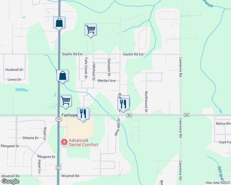 map of restaurants, bars, coffee shops, grocery stores, and more near 20637 Blueberry Lane in Fairhope