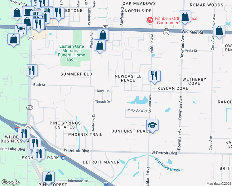 map of restaurants, bars, coffee shops, grocery stores, and more near 8796 Quail Drive in Pensacola