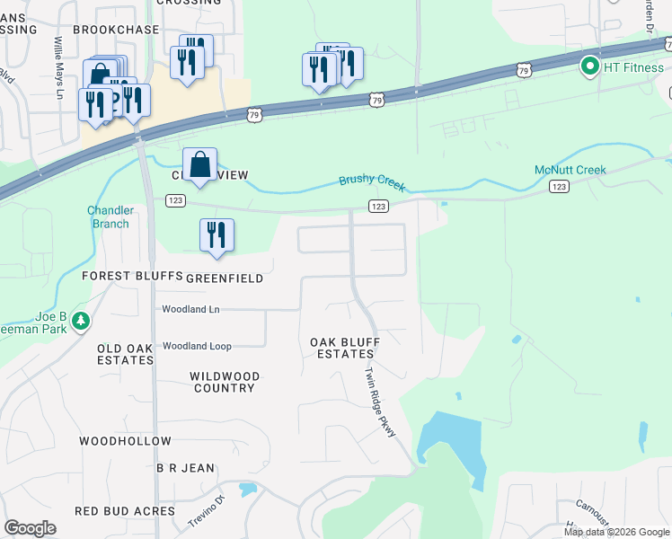 map of restaurants, bars, coffee shops, grocery stores, and more near 3 Meandering Way in Round Rock