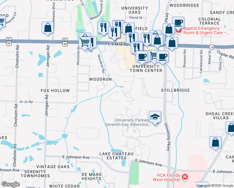 map of restaurants, bars, coffee shops, grocery stores, and more near 9001 Woodrun Road in Pensacola