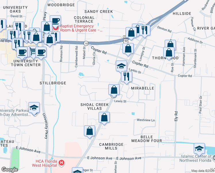 map of restaurants, bars, coffee shops, grocery stores, and more near 2334 Lacey Circle in Pensacola