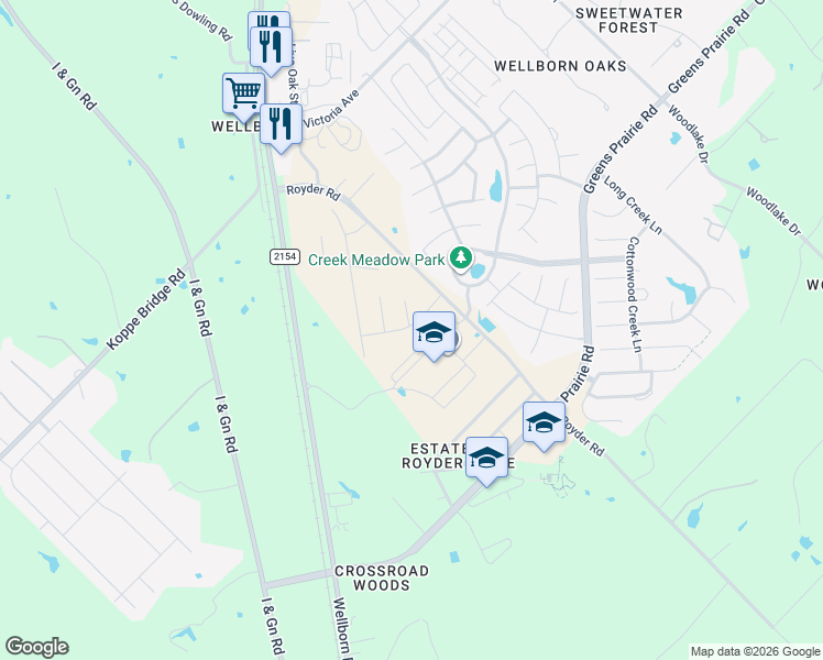 map of restaurants, bars, coffee shops, grocery stores, and more near 15528 Creek Meadow Boulevard North in College Station