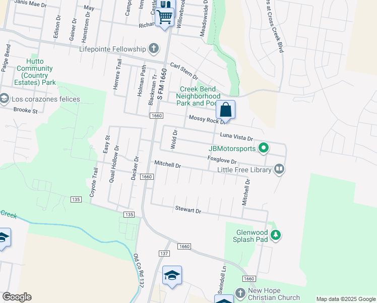 map of restaurants, bars, coffee shops, grocery stores, and more near 213 Foxglove Drive in Hutto