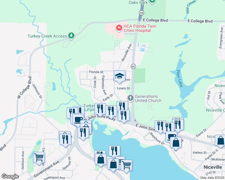 map of restaurants, bars, coffee shops, grocery stores, and more near 202 Niceville Avenue in Niceville