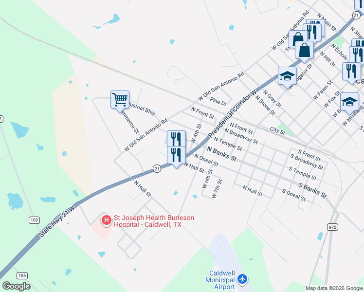 map of restaurants, bars, coffee shops, grocery stores, and more near 801-899 North Banks Street in Caldwell