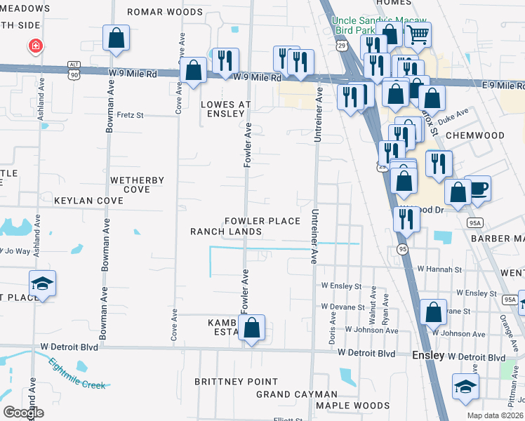 map of restaurants, bars, coffee shops, grocery stores, and more near 8800 Fowler Avenue in Pensacola