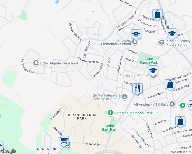 map of restaurants, bars, coffee shops, grocery stores, and more near 2420 Granite Hill Drive in Leander