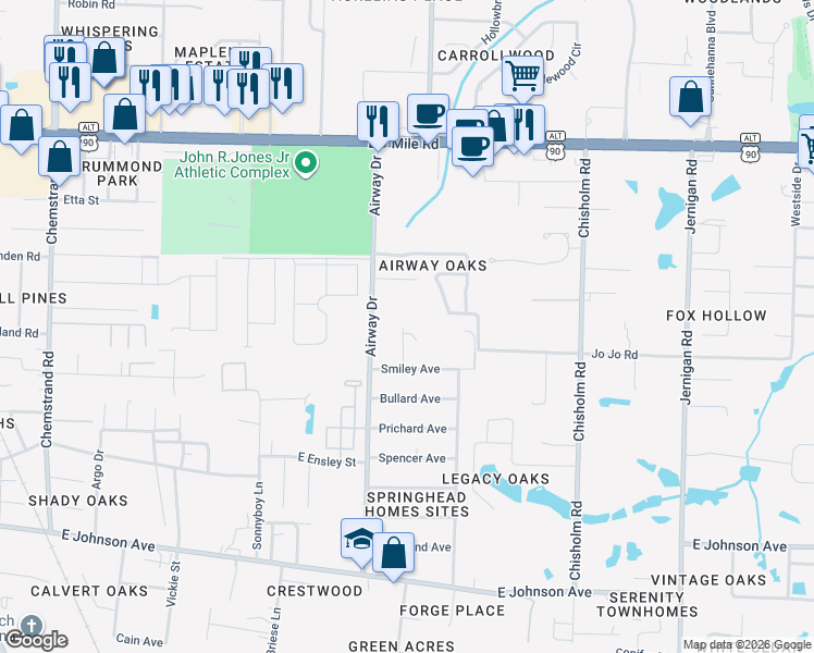 map of restaurants, bars, coffee shops, grocery stores, and more near 8900 Airway Drive in Pensacola