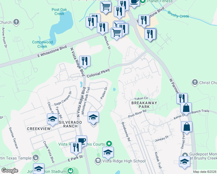 map of restaurants, bars, coffee shops, grocery stores, and more near 704 Paden Drive in Cedar Park