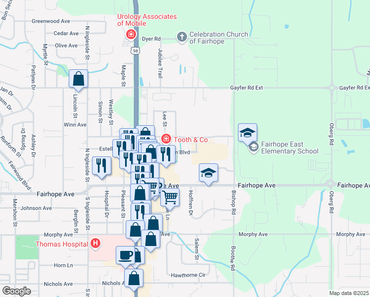 map of restaurants, bars, coffee shops, grocery stores, and more near 101 Plantation Boulevard in Fairhope