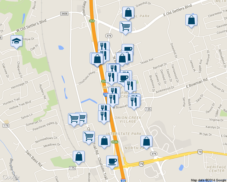 map of restaurants, bars, coffee shops, grocery stores, and more near 1851 North Interstate 35 in Round Rock