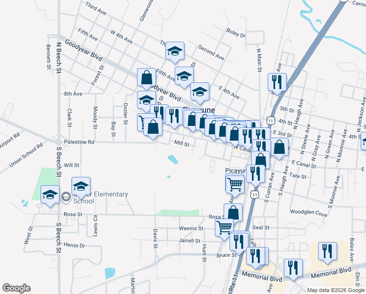 map of restaurants, bars, coffee shops, grocery stores, and more near 487-629 Mill St in Picayune