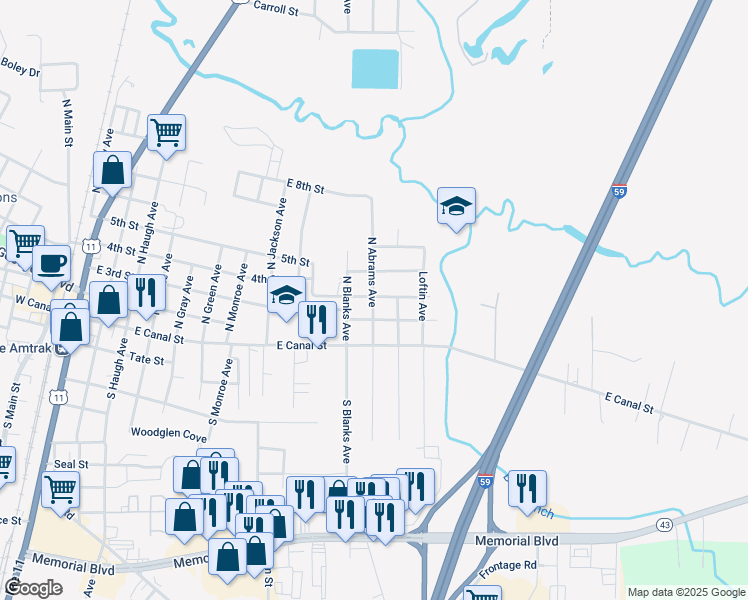 map of restaurants, bars, coffee shops, grocery stores, and more near 1100 Baylous Street in Picayune