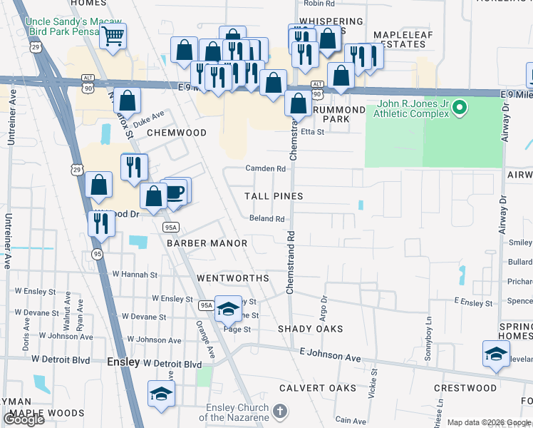 map of restaurants, bars, coffee shops, grocery stores, and more near 8901 Arcadia Road in Pensacola