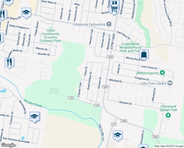 map of restaurants, bars, coffee shops, grocery stores, and more near 404 Quail Hollow Drive in Hutto