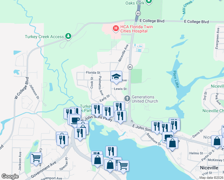 map of restaurants, bars, coffee shops, grocery stores, and more near 202 Niceville Avenue in Niceville