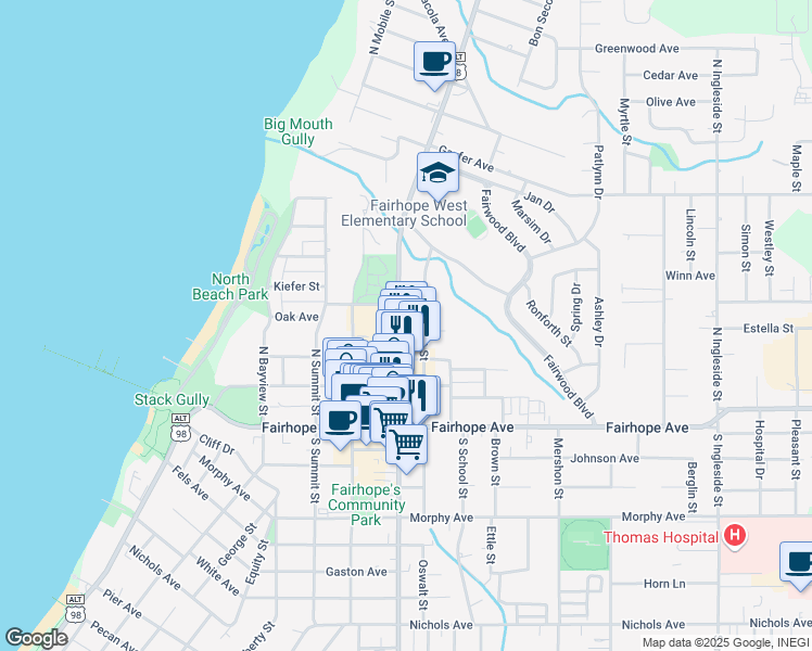 map of restaurants, bars, coffee shops, grocery stores, and more near 150 North Section Street in Fairhope