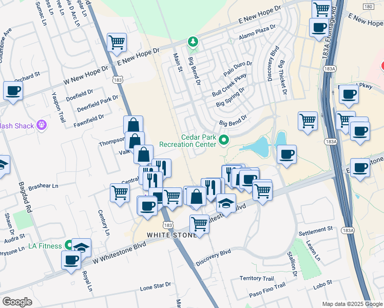 map of restaurants, bars, coffee shops, grocery stores, and more near 1405 Davis Mountain Loop in Cedar Park