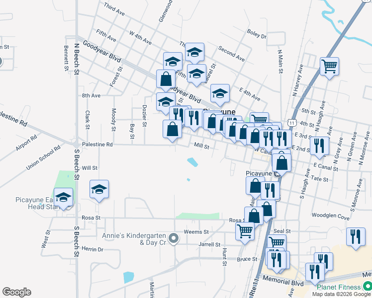 map of restaurants, bars, coffee shops, grocery stores, and more near 803 Wisteria Lane in Picayune