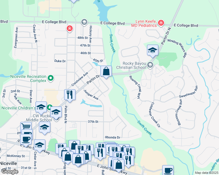 map of restaurants, bars, coffee shops, grocery stores, and more near 140 Hoover Lane in Niceville
