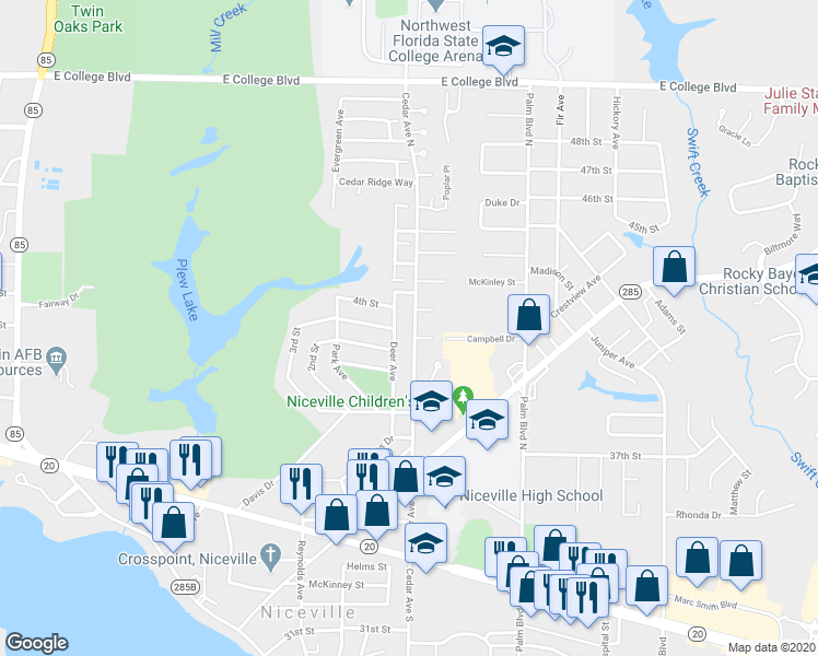 map of restaurants, bars, coffee shops, grocery stores, and more near 412 Cedar Avenue North in Niceville