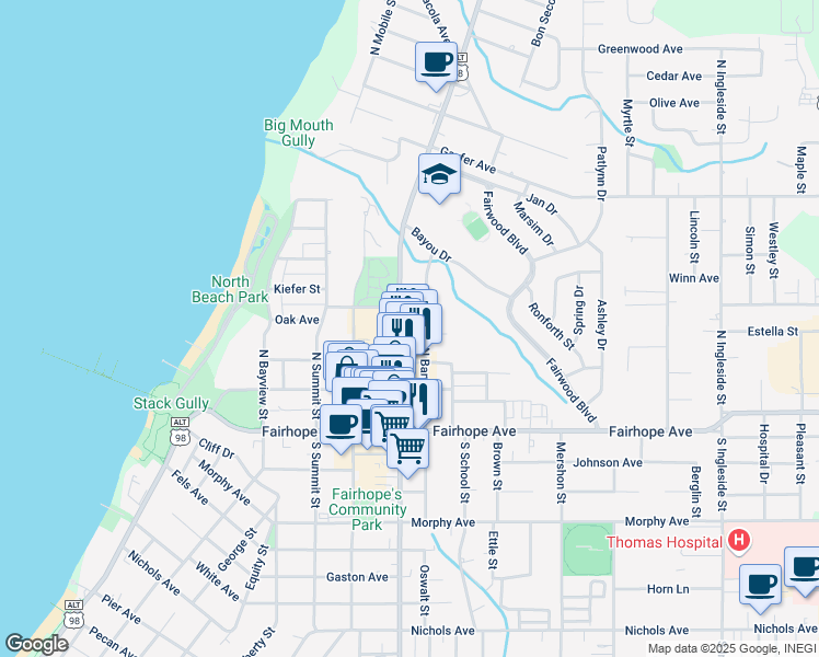 map of restaurants, bars, coffee shops, grocery stores, and more near 150 North Section Street in Fairhope