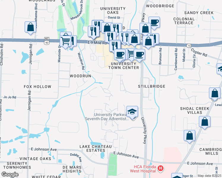 map of restaurants, bars, coffee shops, grocery stores, and more near 9111 Baldridge Road in Pensacola
