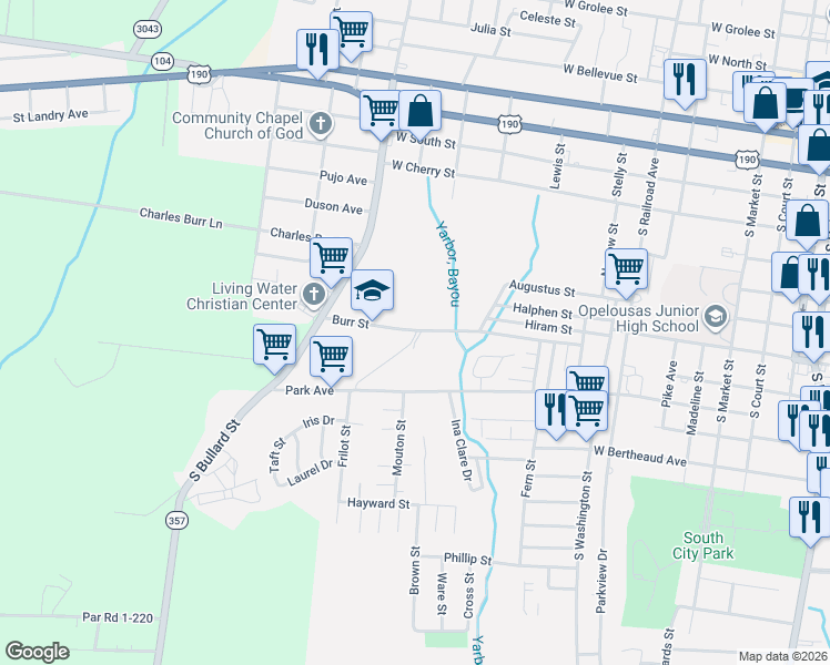 map of restaurants, bars, coffee shops, grocery stores, and more near 1201-1283 Burr Street in Opelousas