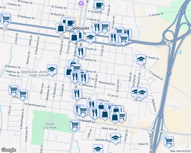 map of restaurants, bars, coffee shops, grocery stores, and more near 720 South Oak Street in Opelousas