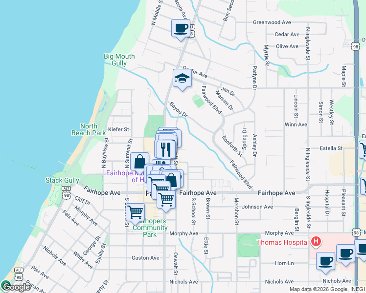 map of restaurants, bars, coffee shops, grocery stores, and more near 451 Pine Street in Fairhope